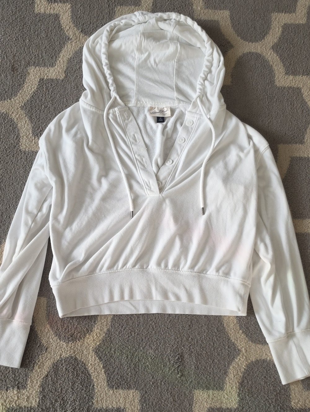 Women's White Hooded Pullover Top with Snap V-Neck